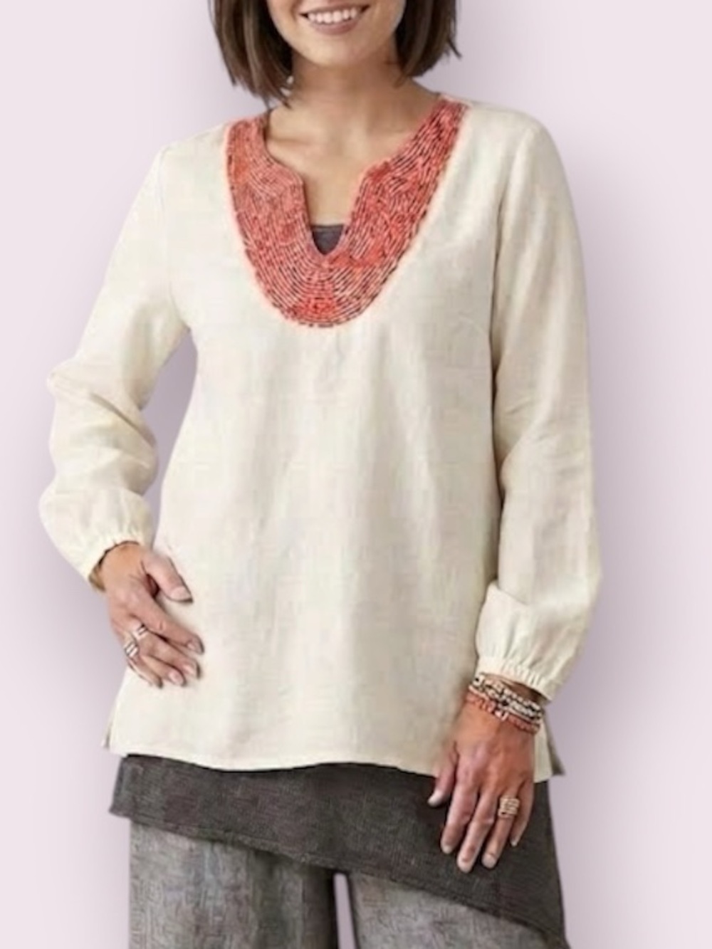 Isaac Mizrahi New York Linen Blend Beaded Embellished Blouse Top White Red Large
